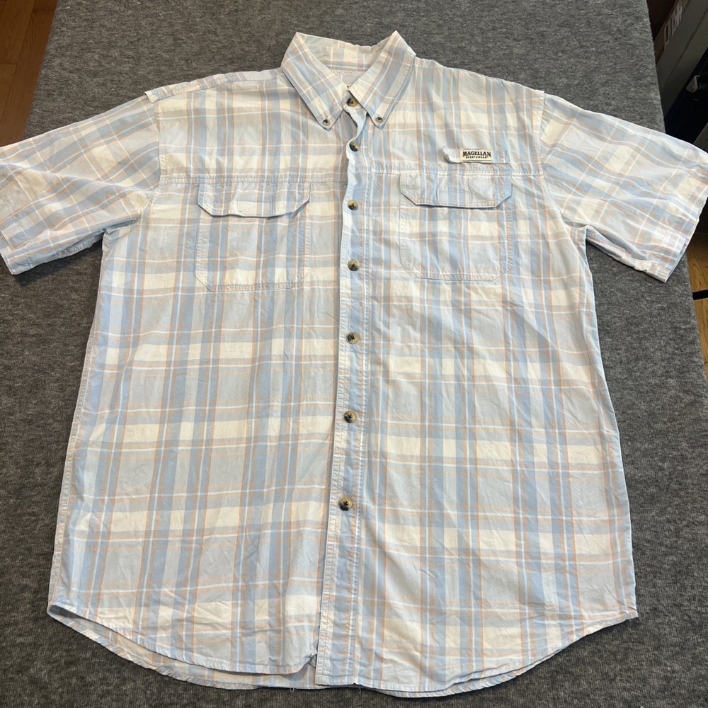 Magellan GULFPORT Shirt Mens Large Blue Plaid Button Up Vented Pockets